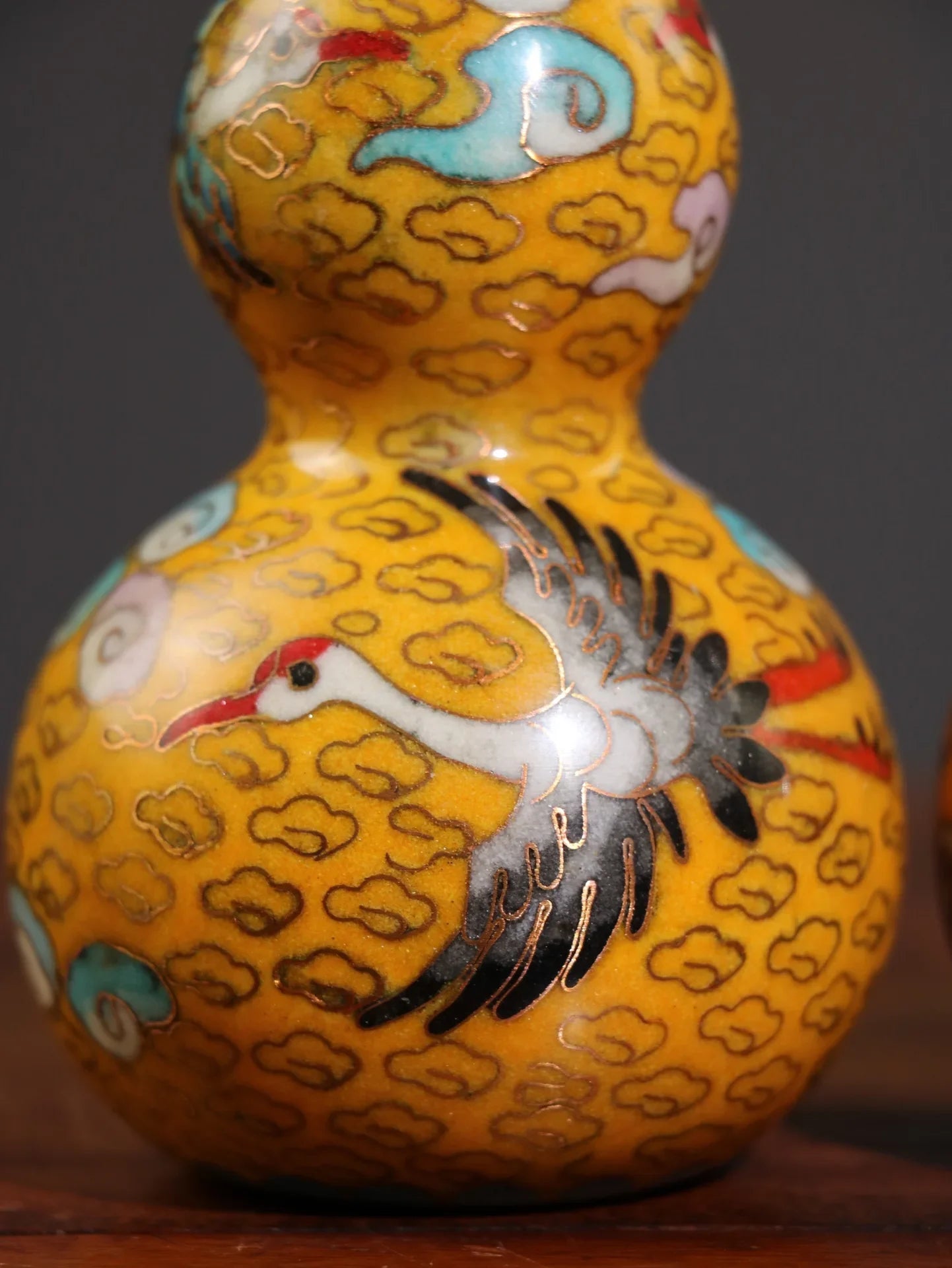 7" tibetisches Bronze Cloisonné Kranich-Kürbis-Paar – Asiatische Heimdekoration