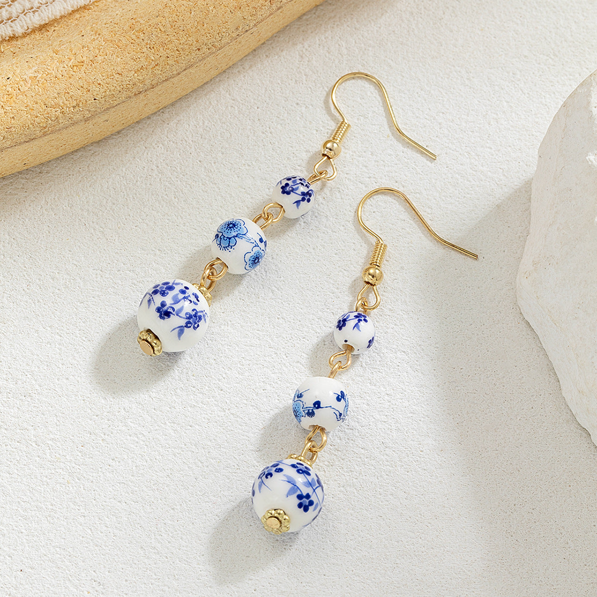 Blue and White Porcelain Bead Long Dangle Earrings