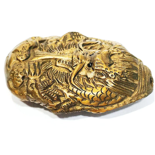 RS260, 2" handgeschnitztes japanisches Buchsbaum-Netsuke, Drachen-Anhänger-Figur, 2 Drachen in einer Skulptur, kleine Ornamente