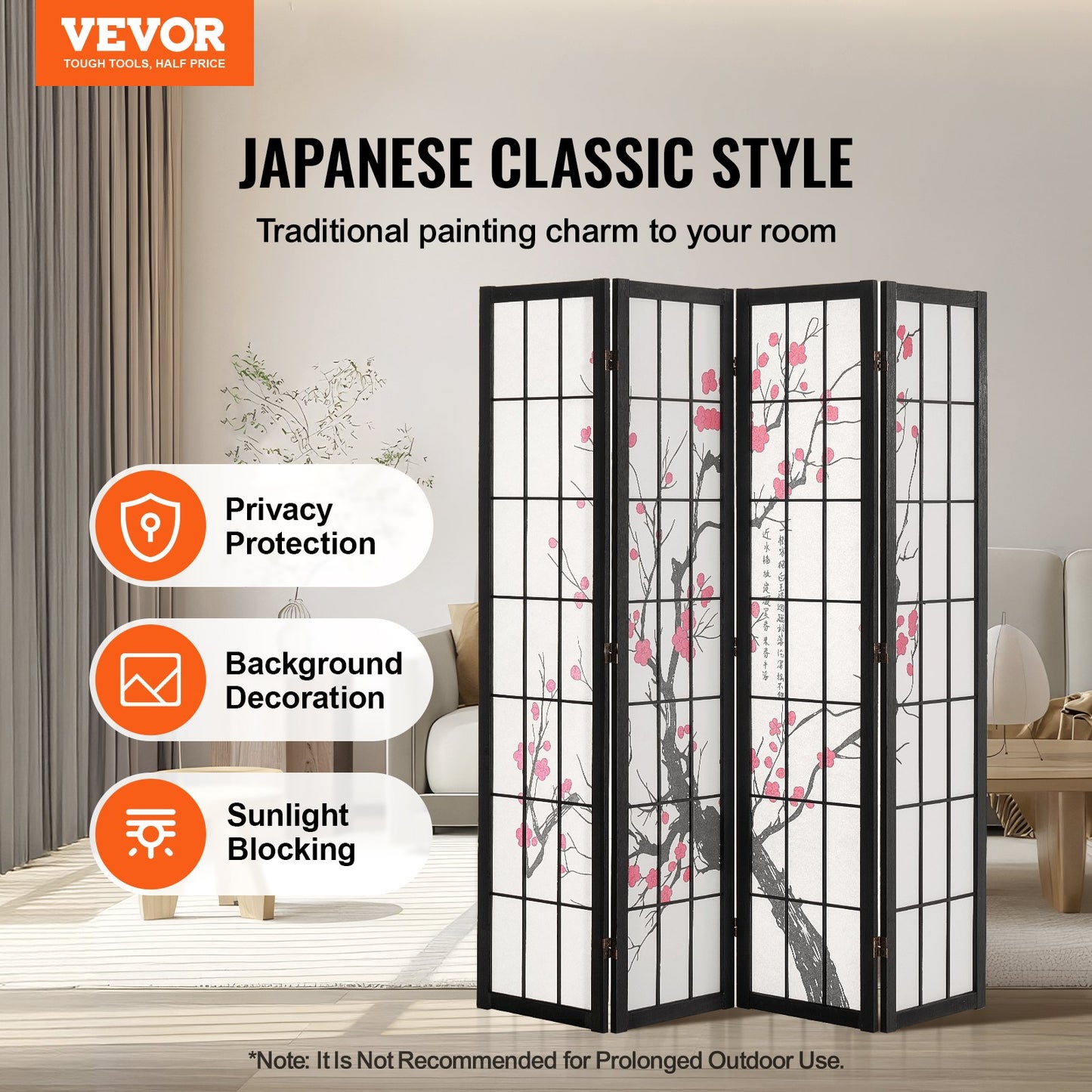 4 Panel Wood Japanese Room Divider Screen for Room Separation Home Office Restaurant & Bedroom
