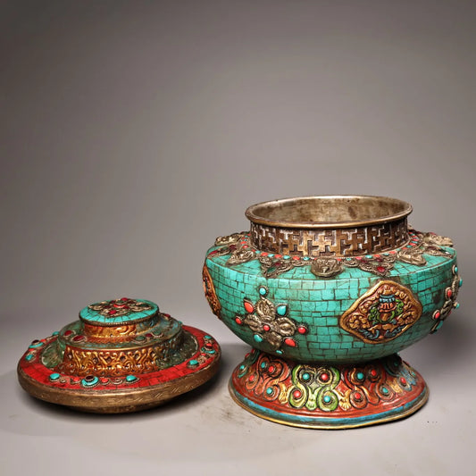 Tibetan Bronze Turquoise Eight Treasures Buddha Jar (10")