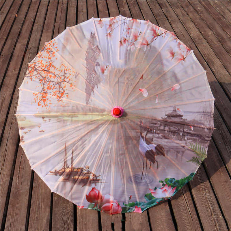 Chinese Style Silk Print Bamboo Umbrella