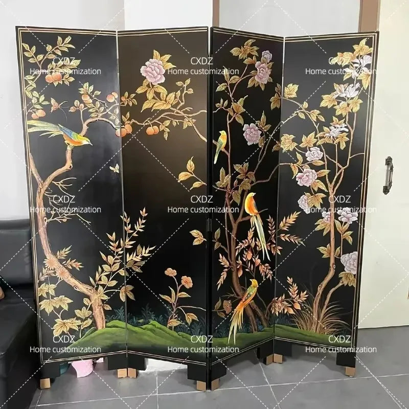 Hand-Painted Black Lacquer Relief Folding Screen – 4-Panel Flower & Bird Room Divider