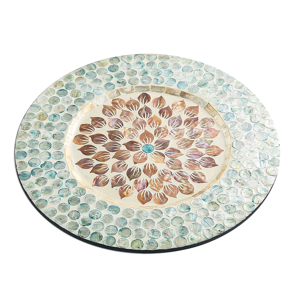 Mother-of-Pearl Inlay Mandala Wooden Serving Tray – Decorative Coffee Table Plate