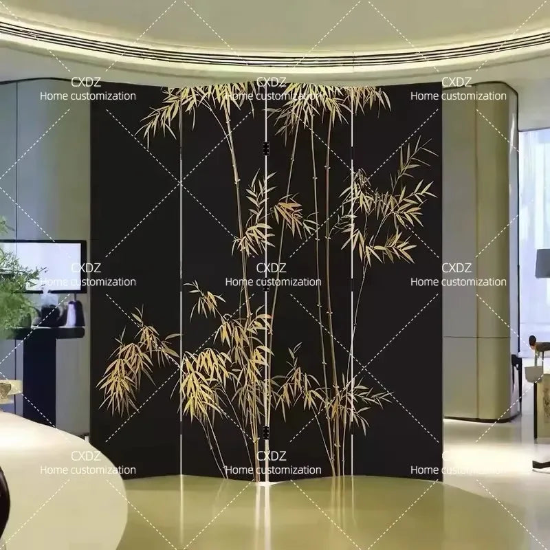 Hand-Painted Golden Bamboo Black Lacquer Folding Screen | 4-Panel Room Divider