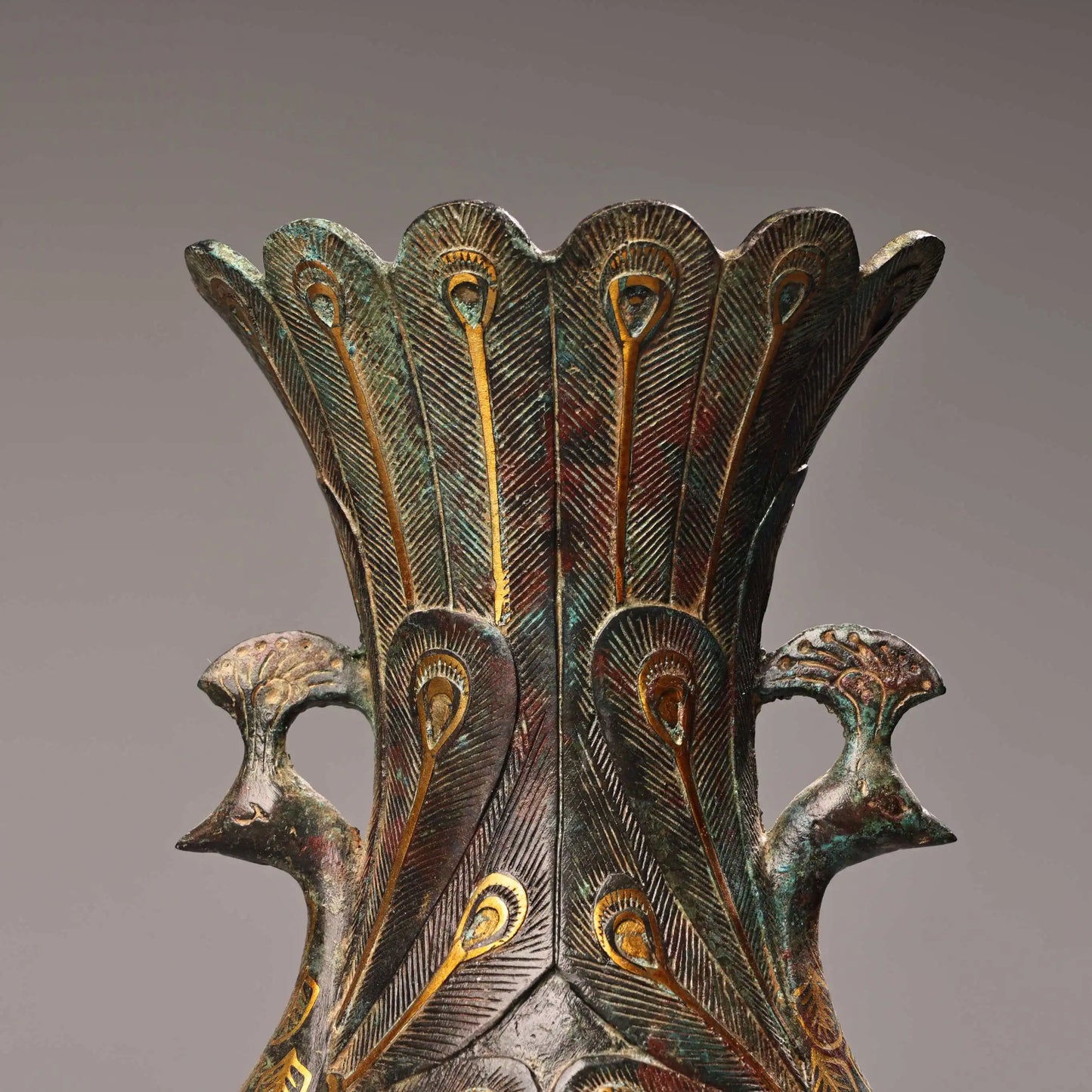 11"Tibetan Temple Collection Old Bronze Gilded Ancient handwriting symbol Peacock Kaiping Vase Peacock Bottle Amass wealth