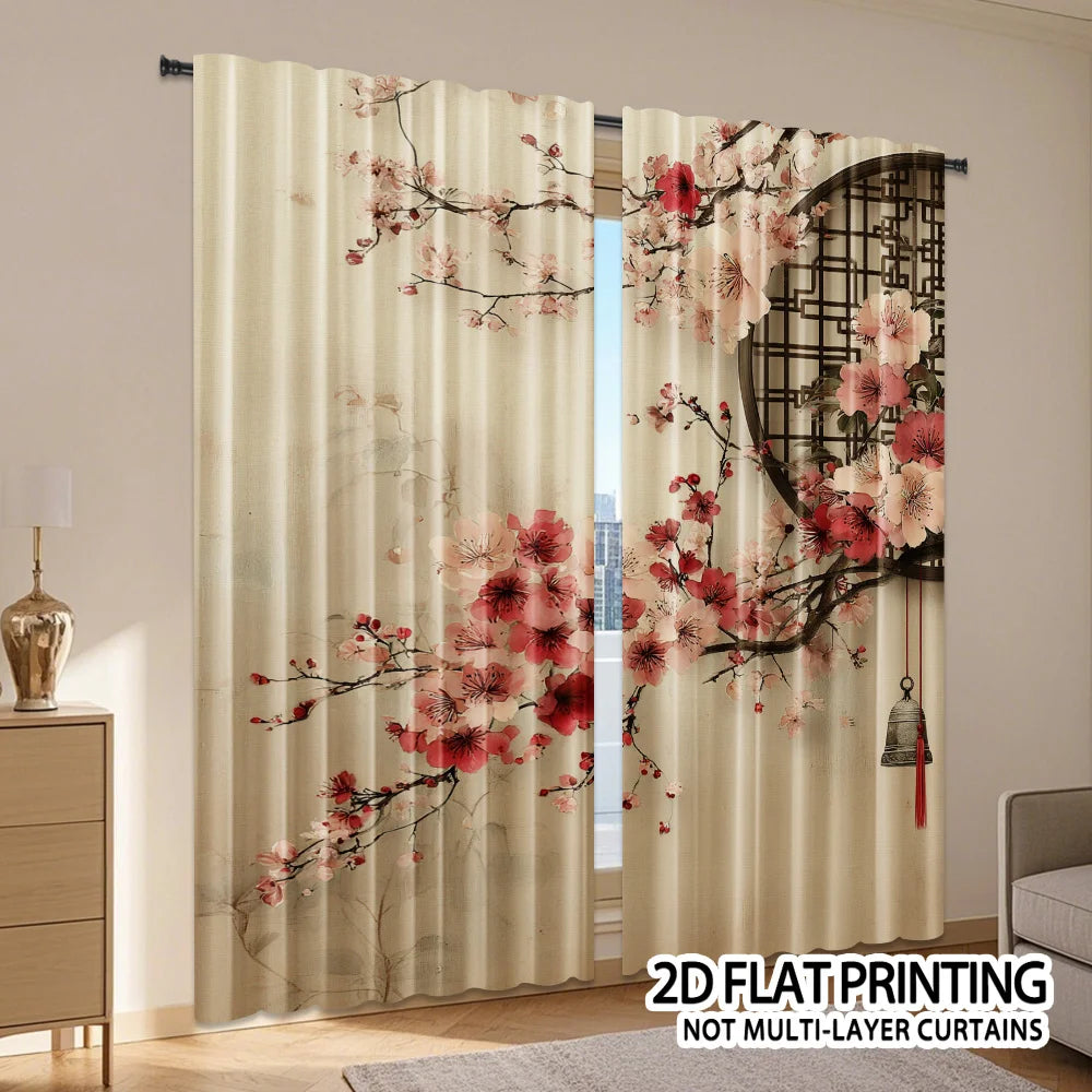 Watercolor pattern of plum blossoms Print Drapes Room Darkening Window Curtains Home Decor,Rod Pocket Blackout Curtains Bedroom