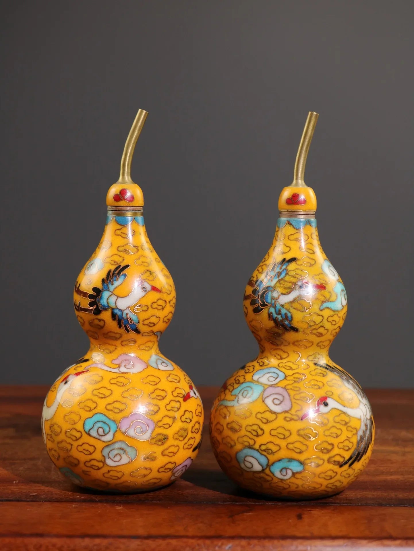 7" tibetisches Bronze Cloisonné Kranich-Kürbis-Paar – Asiatische Heimdekoration