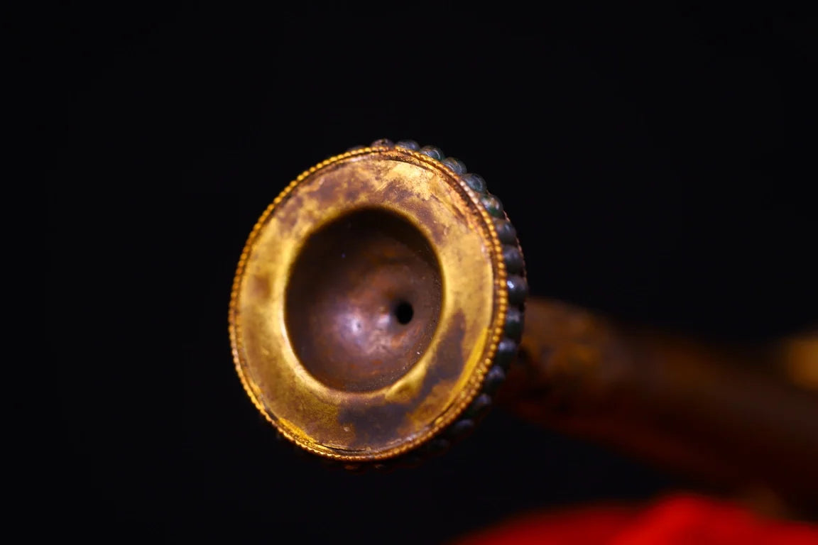 Tibetan Purple-Bronze Prayer Horn with Mosaic Gems & Gzi Beads