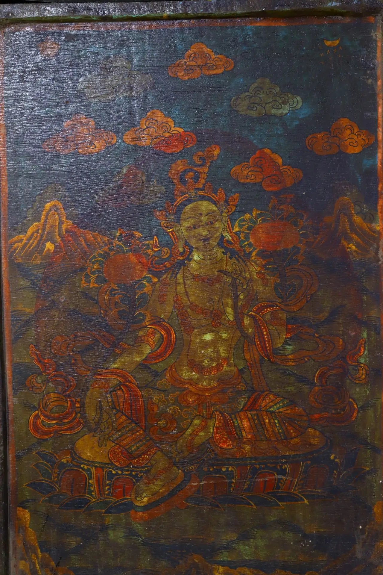 Tibetan White Tara Thangka on Bodhi Root Wood (23")