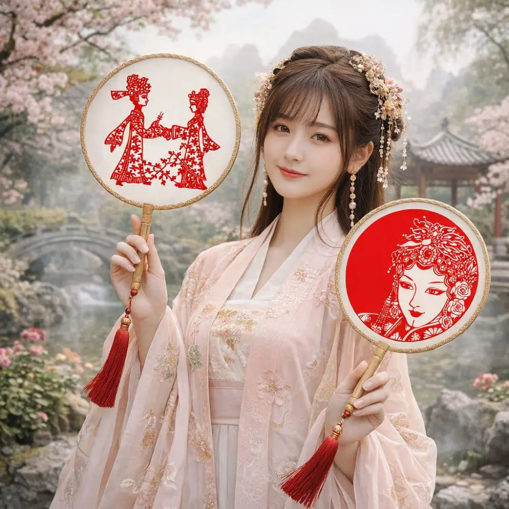 Traditional Vintage Chinese Paper-cut Fan Long Handled Artistic Silk Handheld Fans with Tassel Group Fan Wedding Party