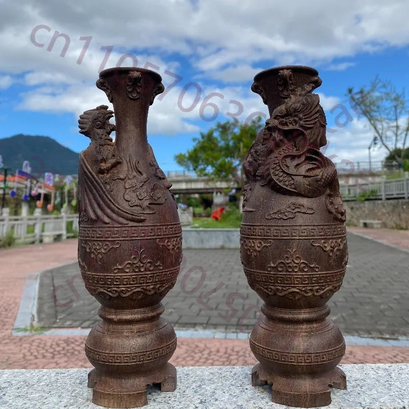 Hand-Carved Vietnamese Agarwood Dragon & Phoenix Vase - 10" Feng Shui Sculpture for Home Decor, Living Room, Office, Gifts