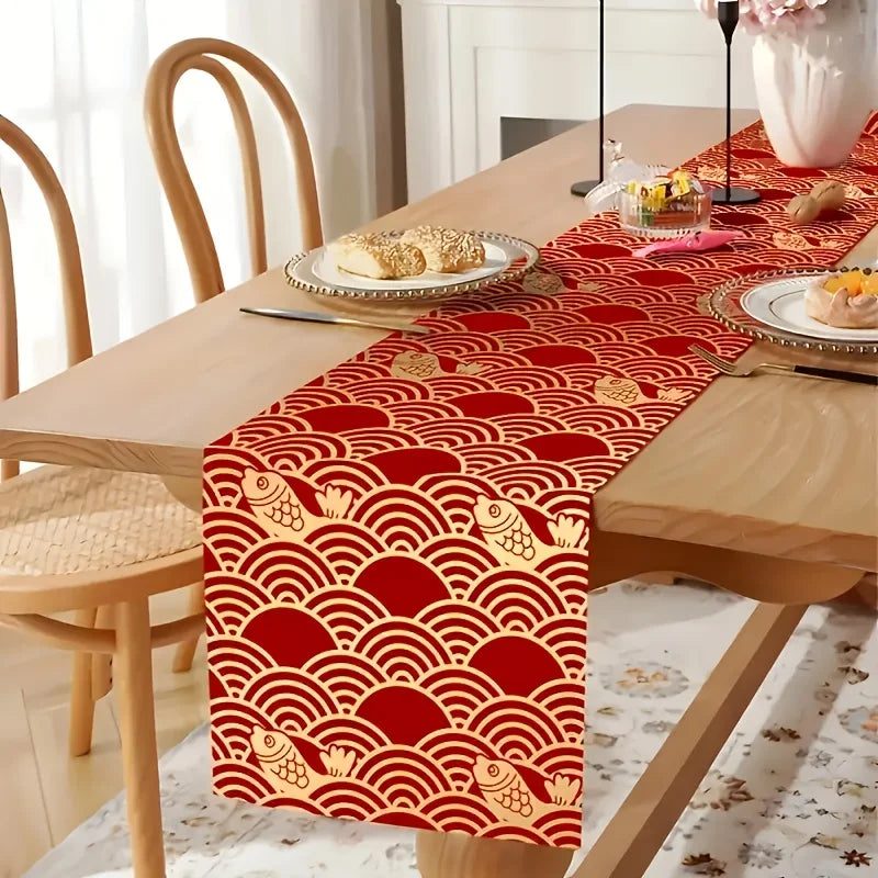 Chinese New Year Red Linen Table Runner – Festive Horse Zodiac Spring Festival Dining & Party Decor