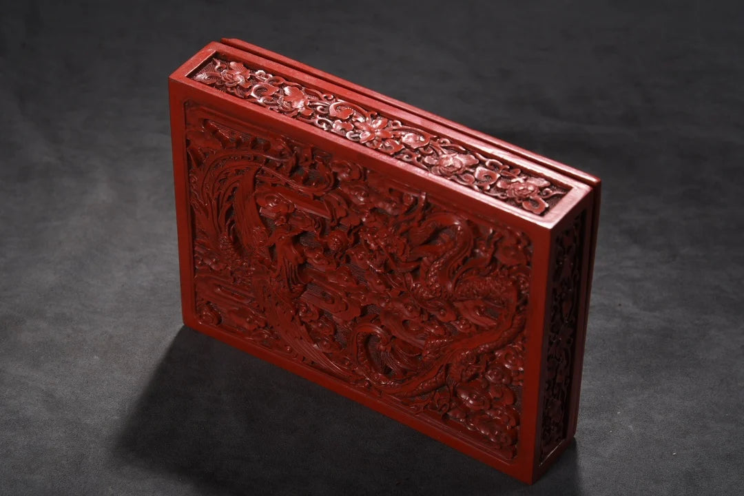 Caja de laca Fénix Cinabrio Carmesí – Almacenamiento decorativo para el hogar asiático