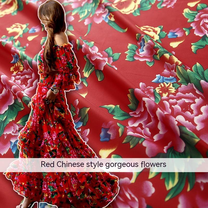 Red Chinese Style Gorgeous Flowers Chiffon Fabric