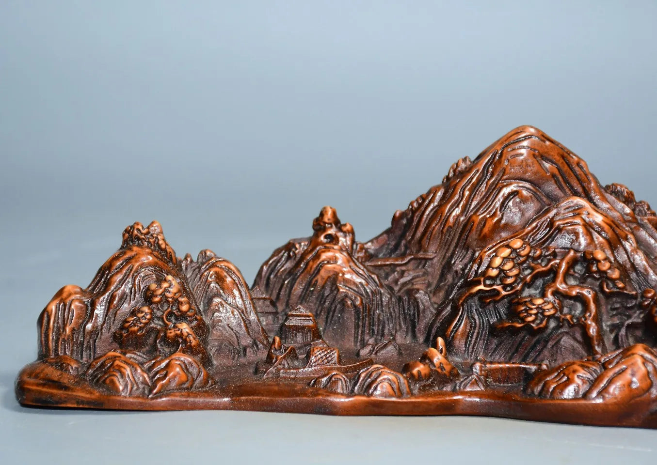 8"Tibetan Temple Collection Old Boxwood scenery Landscape sculptures Pine and Cypress land of idyllic beauty Pen Holder