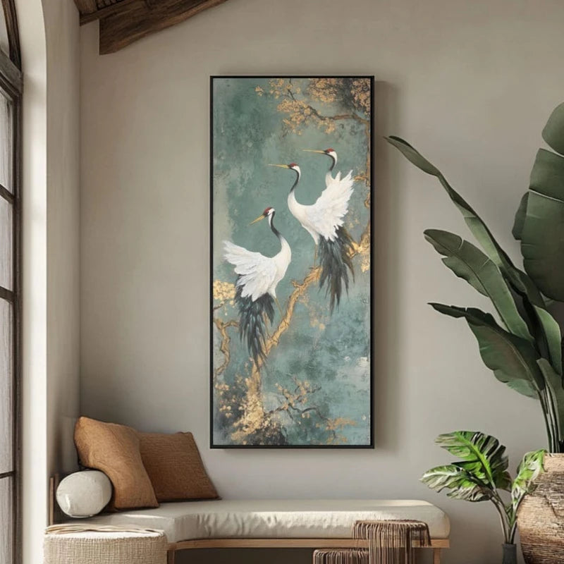 Japanischer goldener Kranich-Deko-Poster, luxuriöse Leinwandmalerei, vertikales rahmenloses Wandbild für den Eingangsbereich