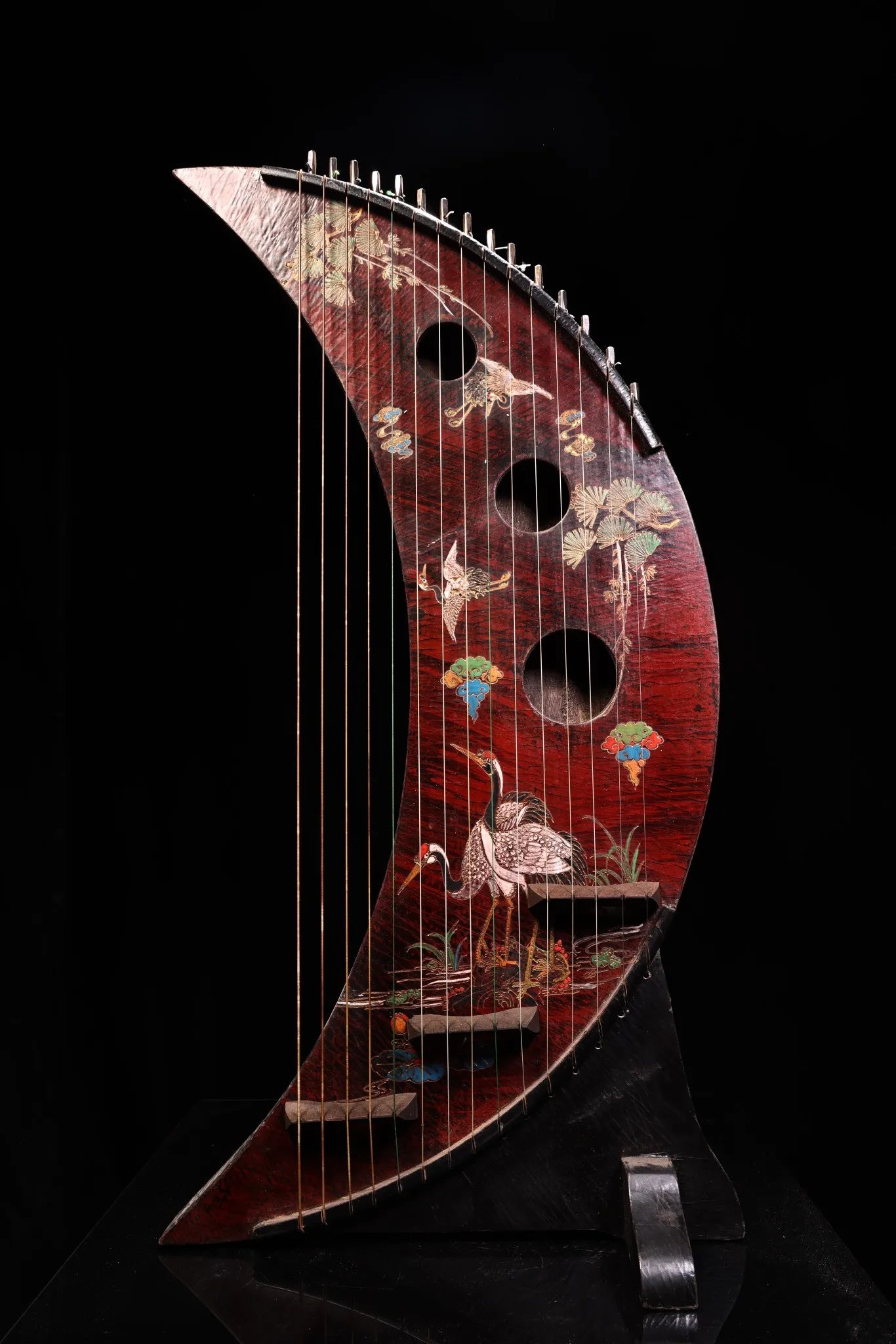 35" Nepalese Crescent Moon Guqin – Lacquered Crane Instrument Asian Home Decor