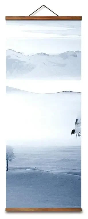 Chinese Style Snow Mountain Deer Bird Decorative Wall Art Canvas Poster in Blue and White