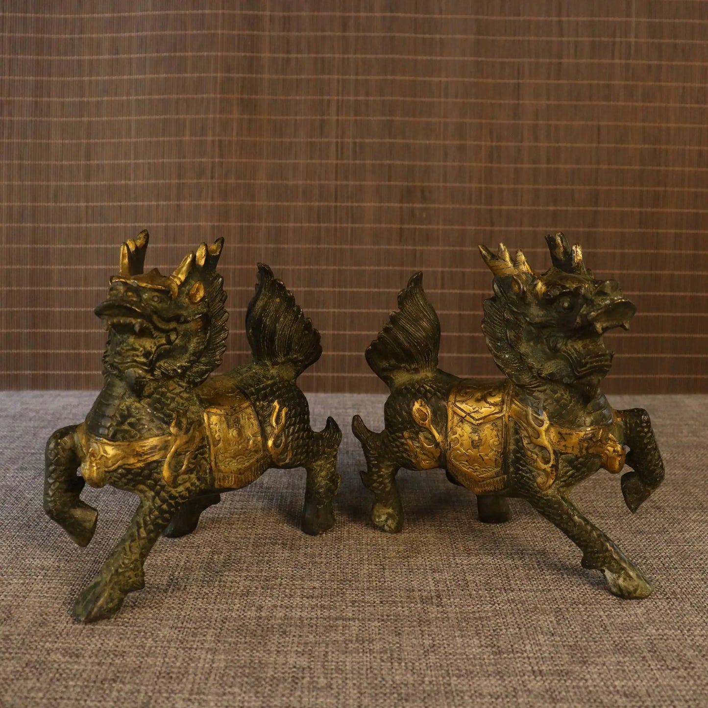 6" Tibetan Temple Collection Old Brass Gilded Kylin Statues (Pair)