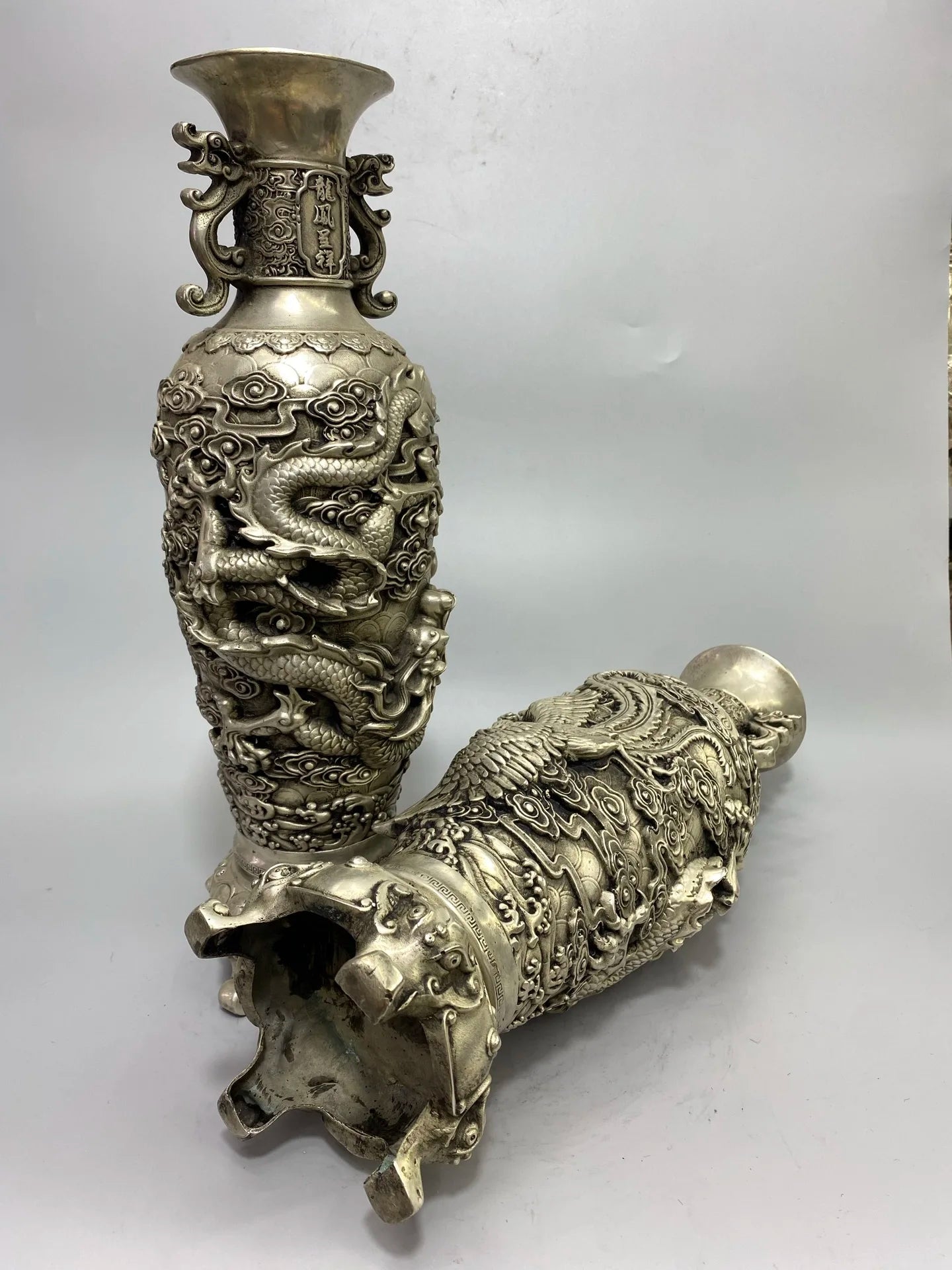 Tibetan Temple Vintage Bronze Pixiu Ear Vase – Gilded Silver Dragon & Phoenix (15")