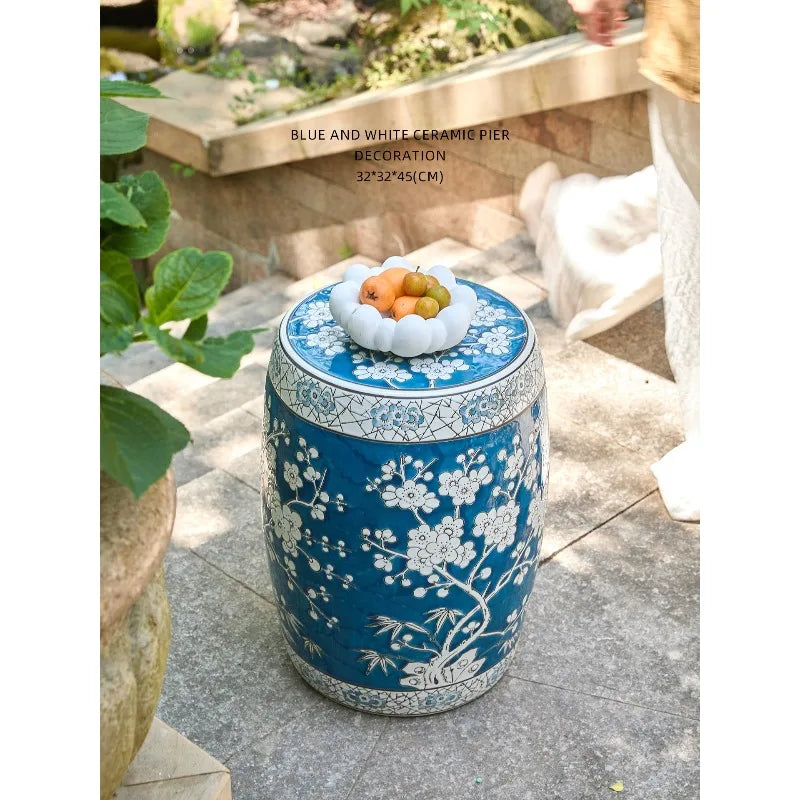 New Chinese Hand-Painted Blue & White Porcelain Drum Stool | Plum Blossom Side Table