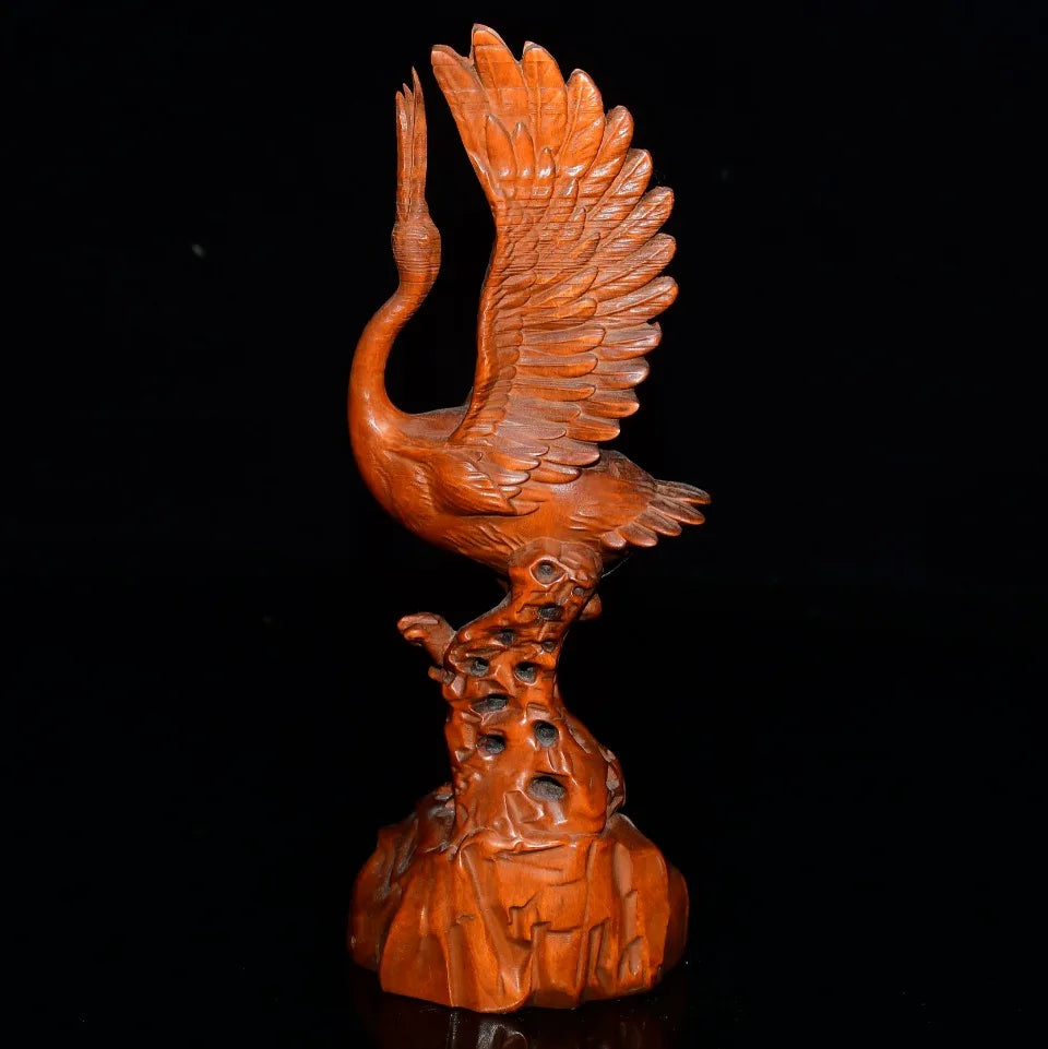 Tibetan Boxwood Red-Crowned Longevity Crane Statue
