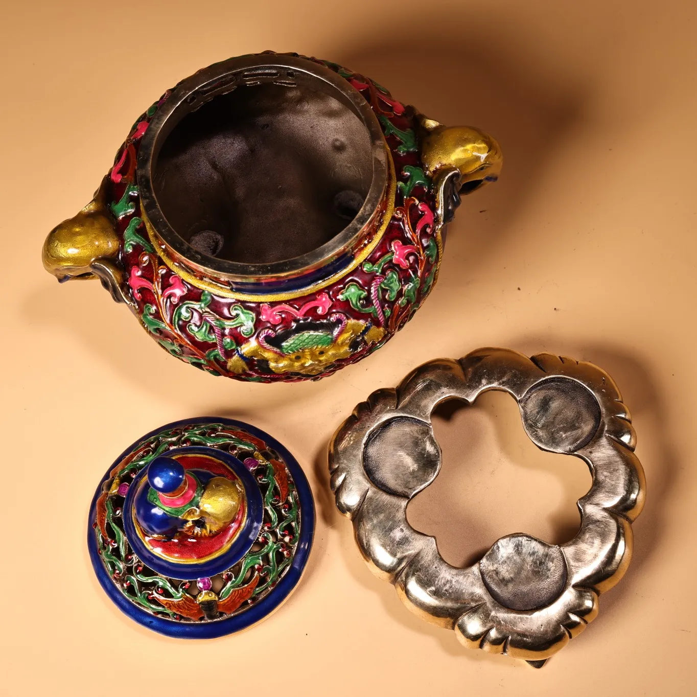8" Bronze Cloisonné Elephant Incense Burner – Three-Legged Temple Censer