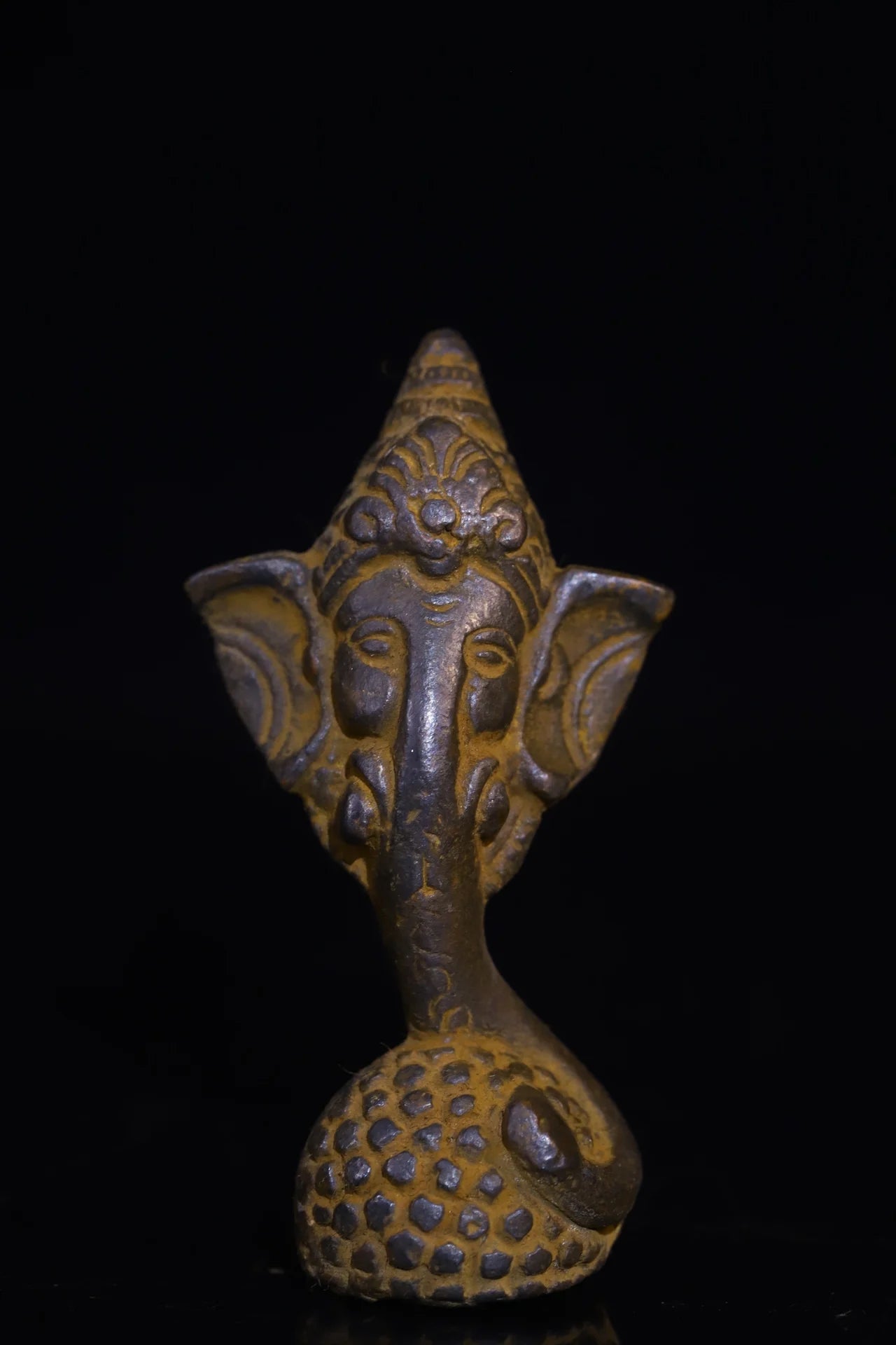 Tibetan Bronze Cinnabar Ganesha Elephant-Head Amulet (3")