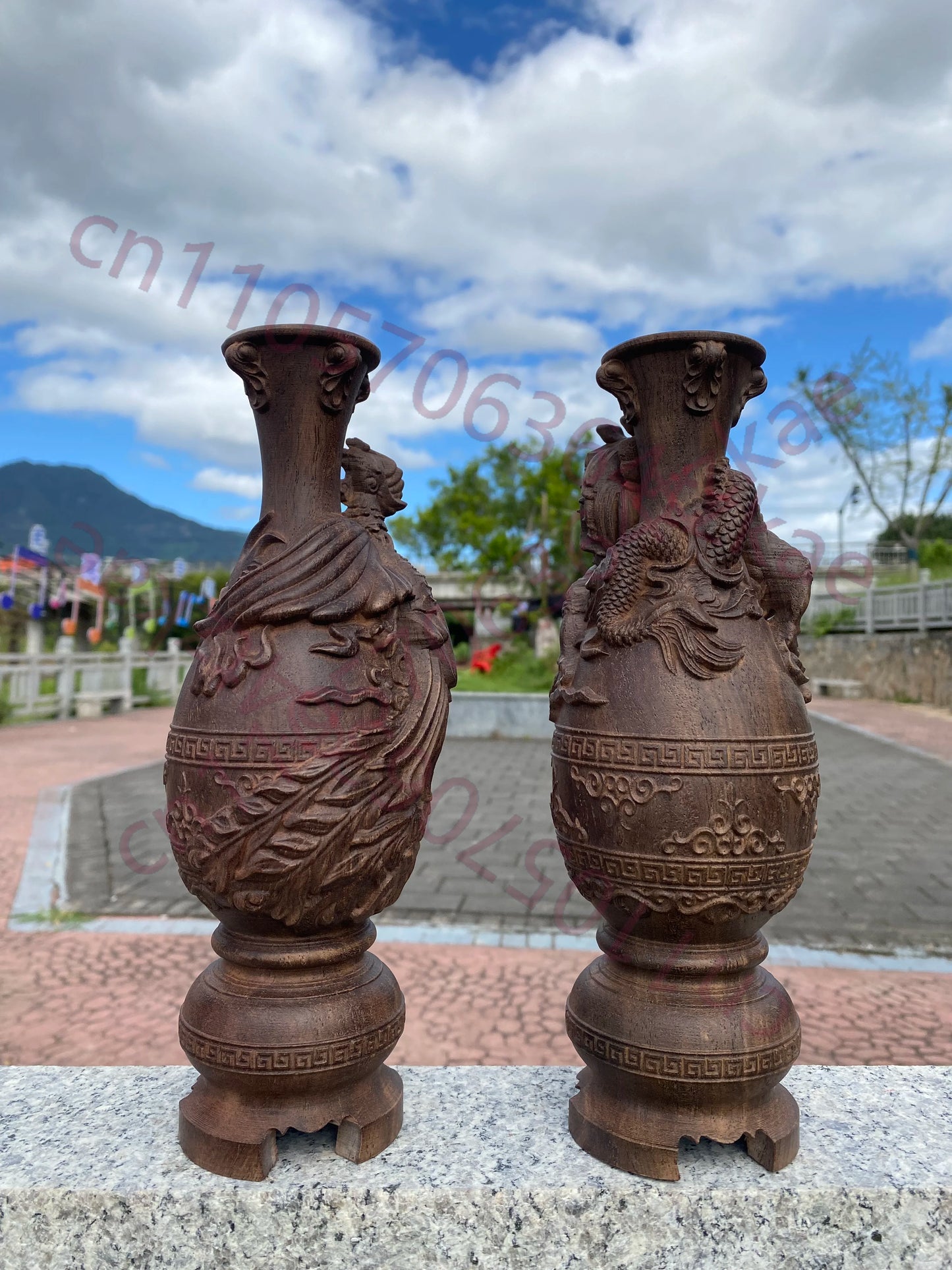 Hand-Carved Vietnamese Agarwood Dragon & Phoenix Vase - 10" Feng Shui Sculpture for Home Decor, Living Room, Office, Gifts