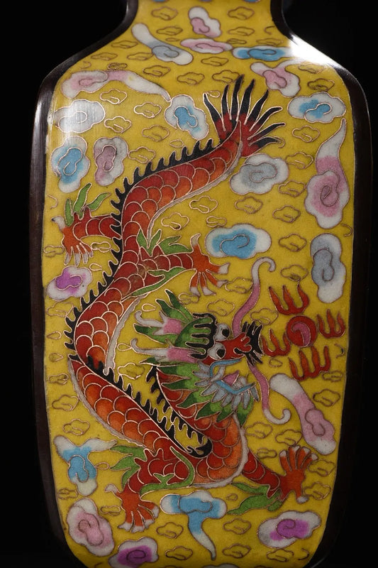 10" Tibetan Temple Collection Old Bronze Cloisonné Enamel Dragon & Phoenix Square Bottle Vases (Pair)