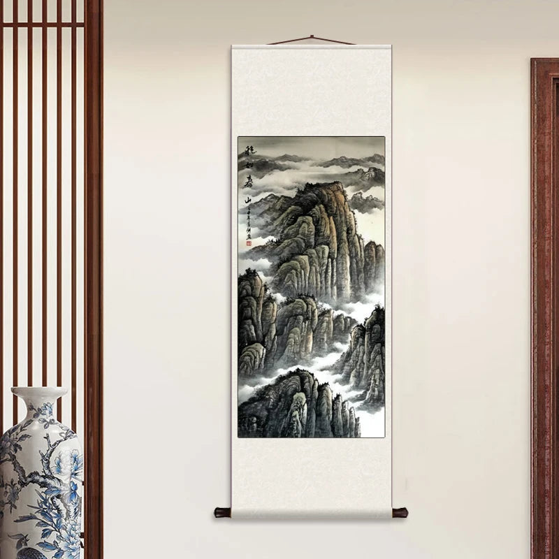 Silk Scroll Decoration Hanging Painting, Landscape Paintings Office Scroll Paintings There Is A Mountain Map Behind The Entrance