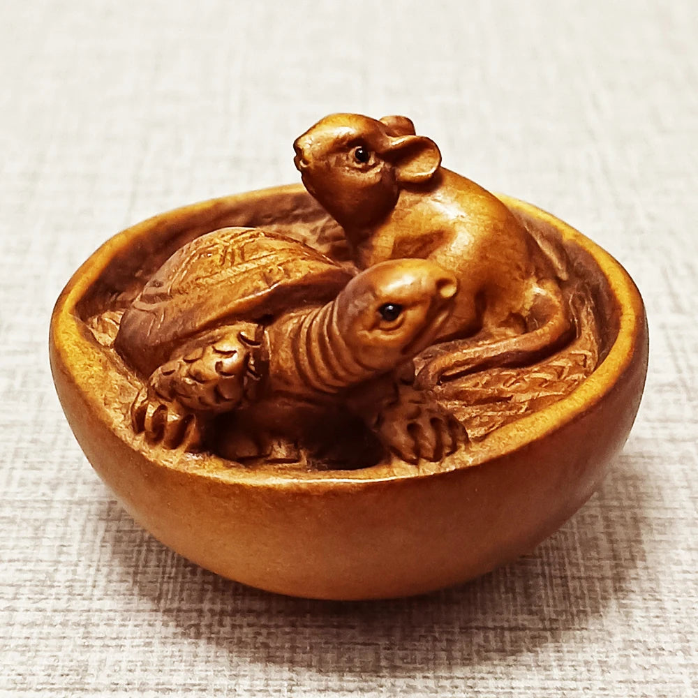 2" Buchsbaum Maus & Schildkröte Netsuke – Japanische Tierminiatur