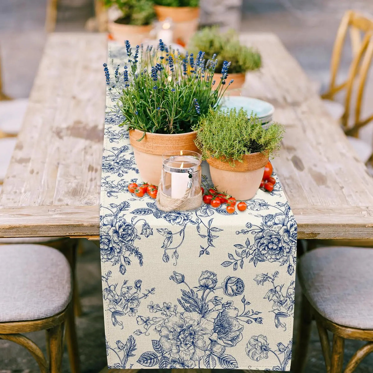 Chinoiserie Floral Linen Table Runner