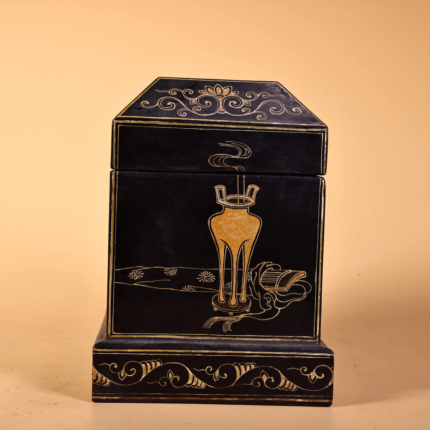 6" Tibetan Temple Collection Vintage Wood Lacquerware Storage Trunk, Pedestal with Bonsai Tea Table