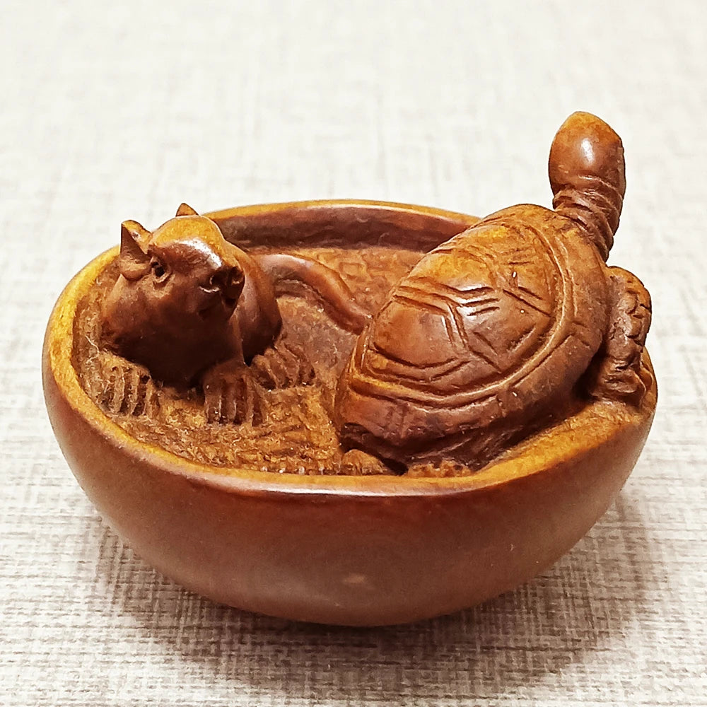 2" Buchsbaum Maus & Schildkröte Netsuke – Japanische Tierminiatur