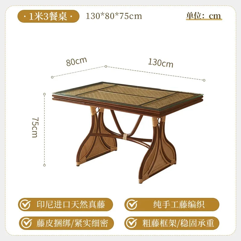 V81 Southeast Asian Rattan Dining Table Vintage Rustic Creative Art Table Chair Set Rectangular Restaurant Furniture