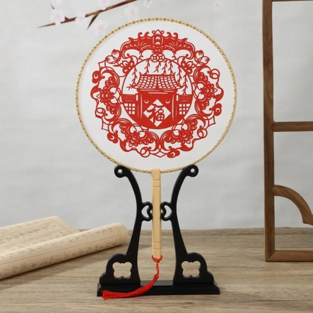 Traditional Vintage Chinese Paper-cut Fan Long Handled Artistic Silk Handheld Fans with Tassel Group Fan Wedding Party