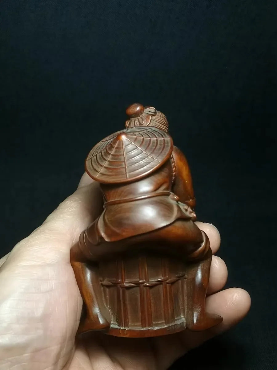 Size 4 Inch Old Japanese Boxwood Hand Carved Old Fisherman Figure Statue Netsuke Collectable