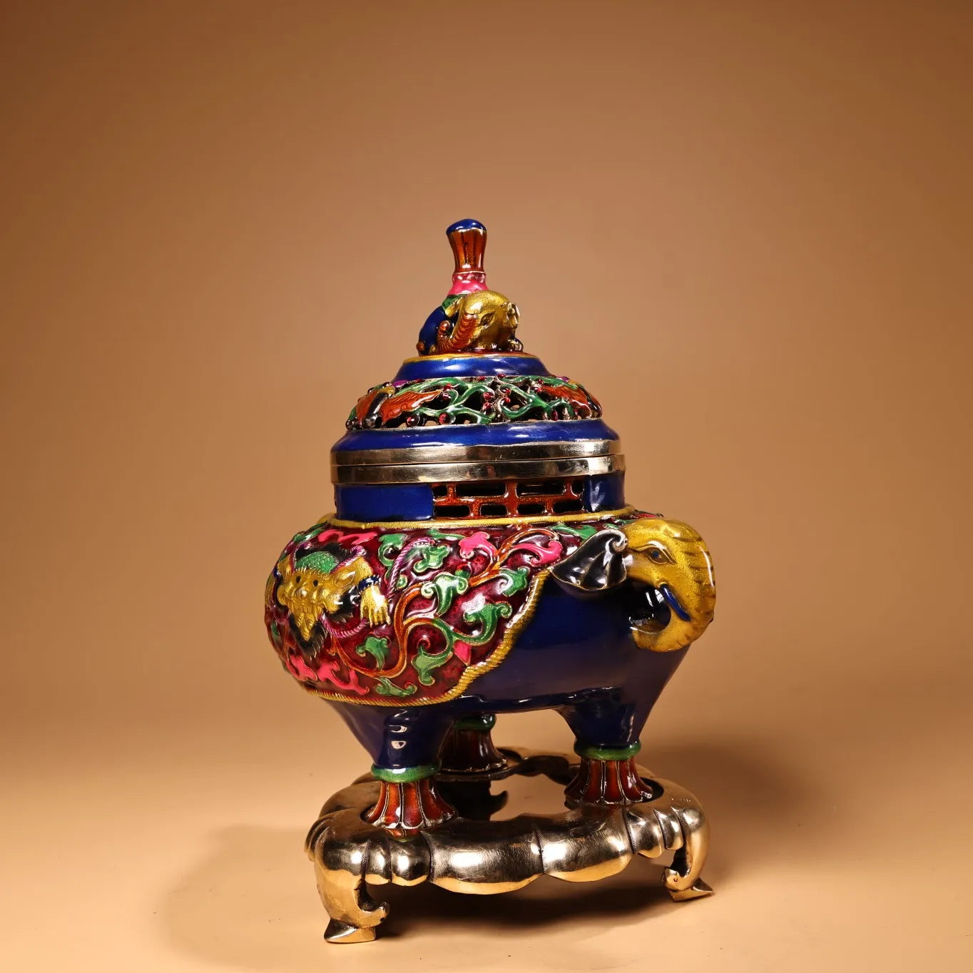 8" Bronze Cloisonné Elephant Incense Burner – Three-Legged Temple Censer