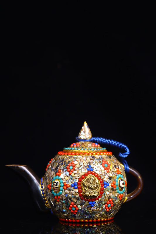 6"Tibetan Temple Collection Old Natural Horn Mosaic Gem gZi Beads Shell Butter pot Beam jug kettle teapot Manjusri Town House