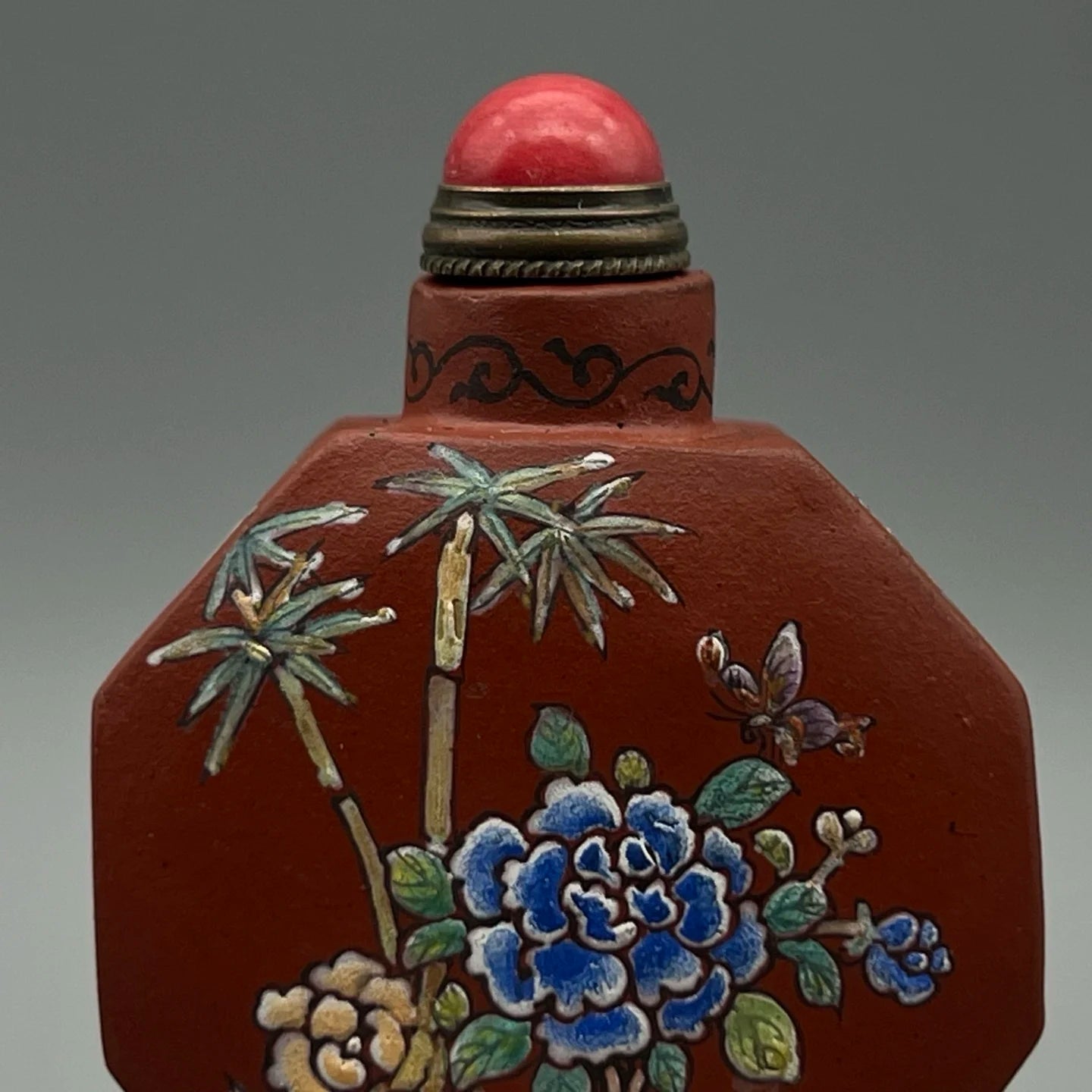Chinese Zisha Purple Clay Snuff Bottle – Handmade Peony Art