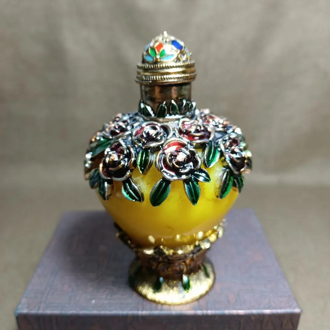 Frasco de rapé incrustado en cobre con patrón de rosas - Objeto de colección chino hecho a mano