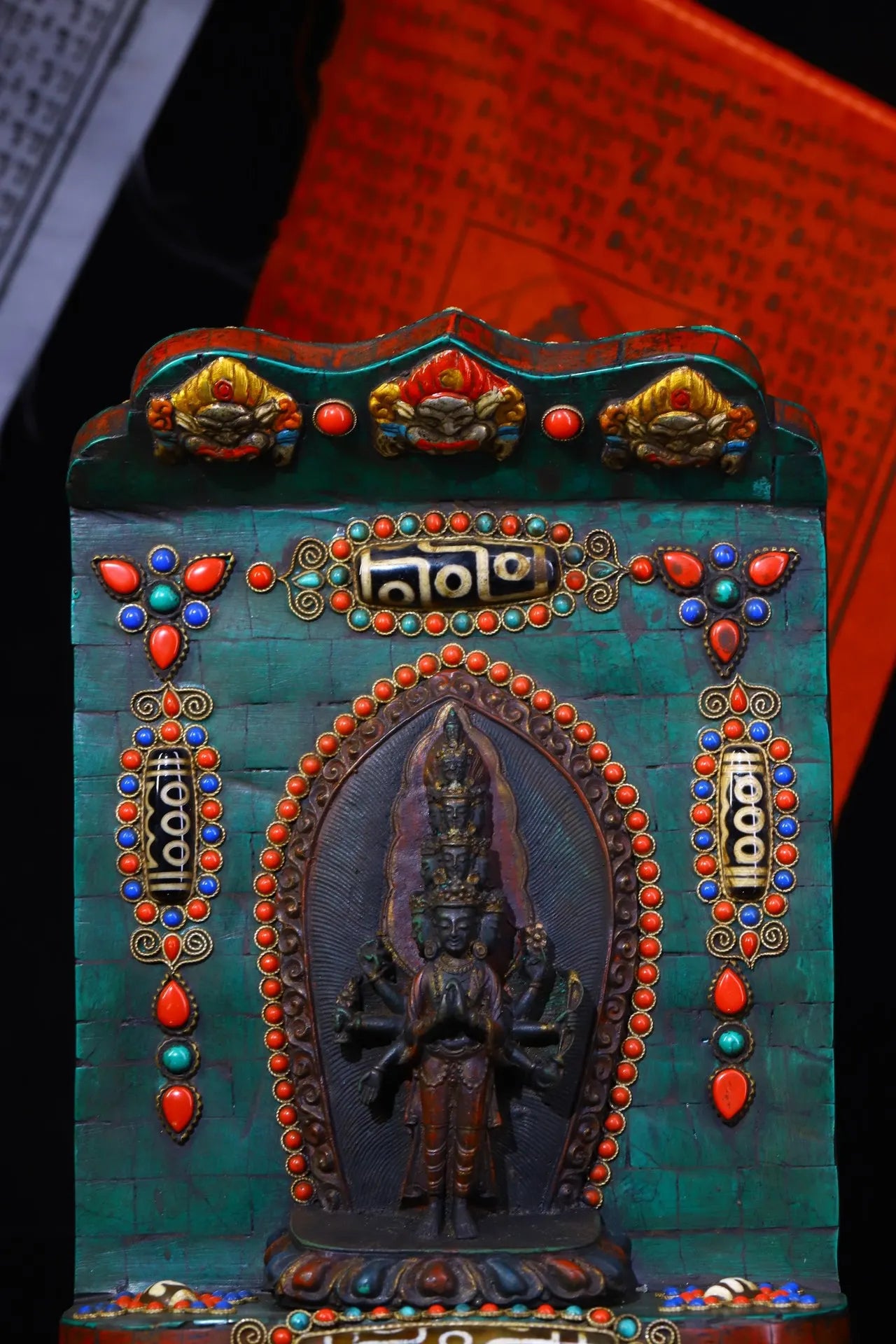 9" Tibetan Temple Collection Old Bronze Mosaic Gem gZi Beads Turquoise 1000-Arm Guanyin