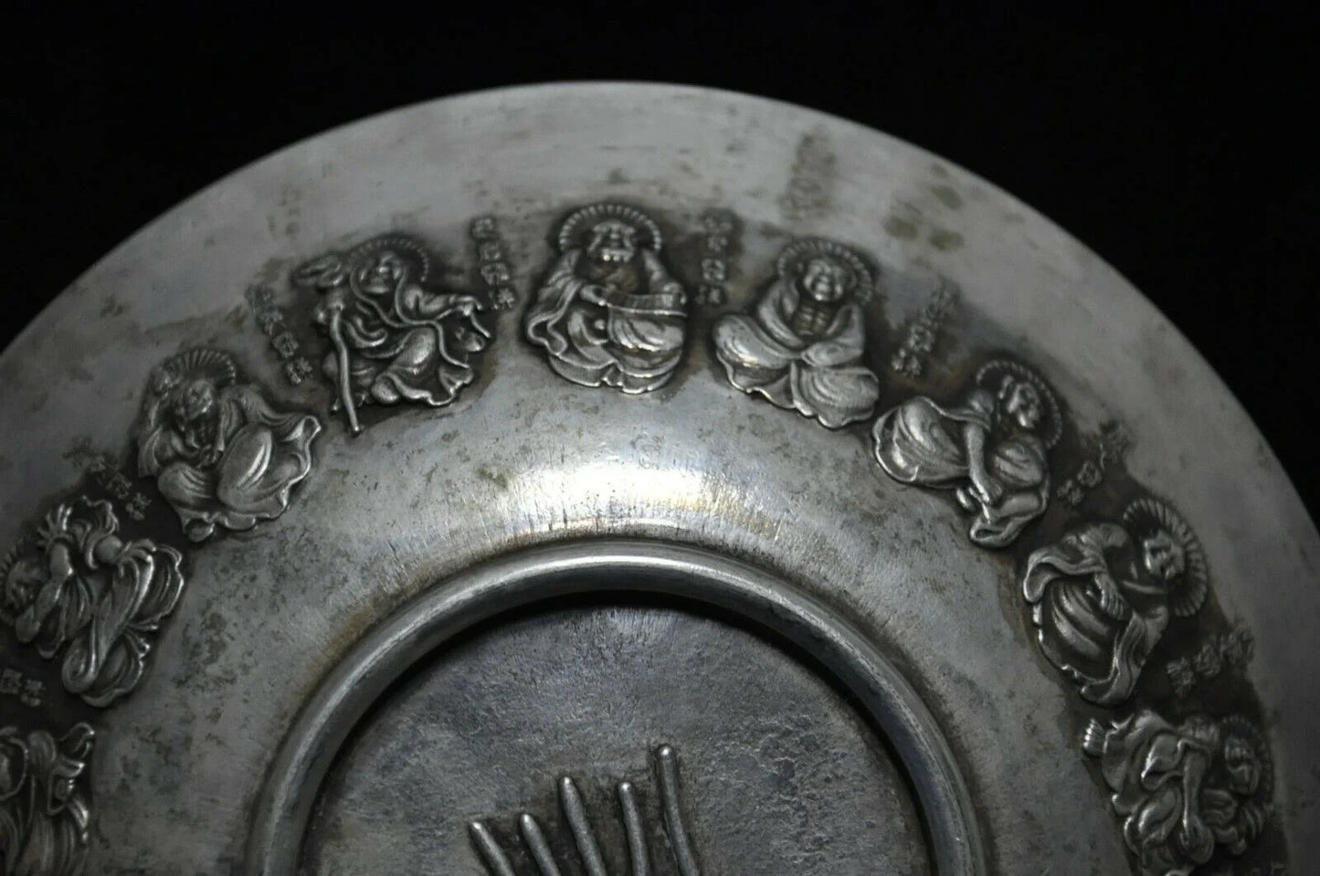 Old Tibetan Silver Lohan Plate – Buddhist Temple Offering Dish