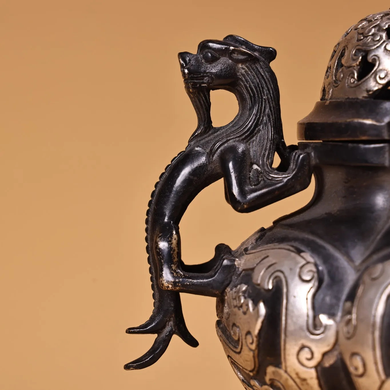 Tibetan Temple Bronze Dragon-Ear Censer – Gilded Silver Three-Legged Incense Burner (8")