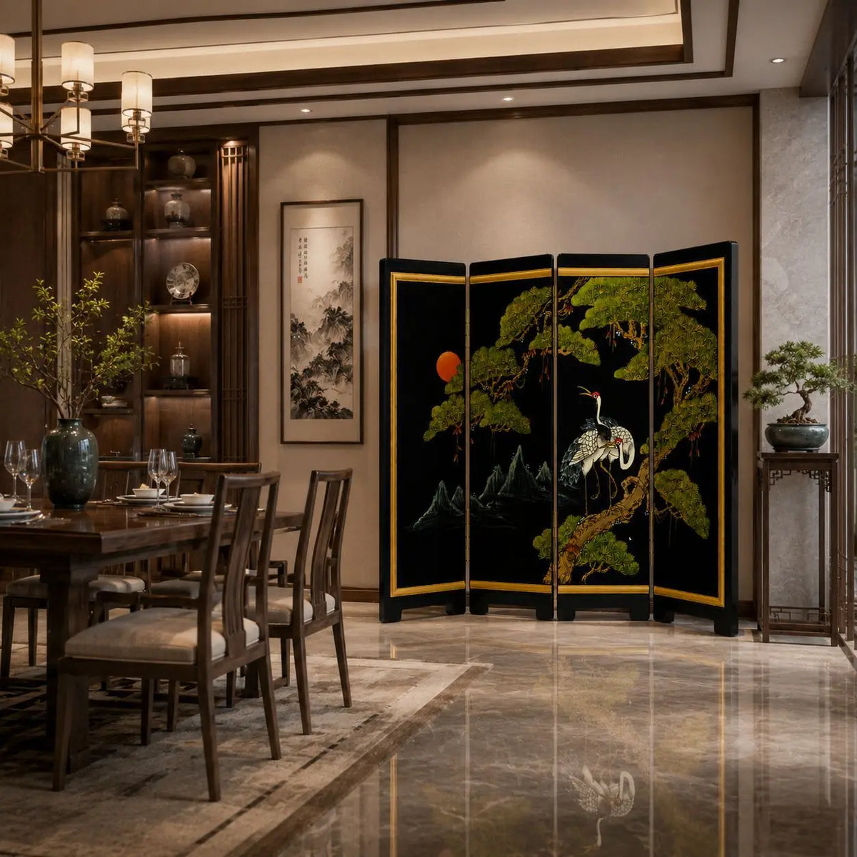 Hand-Painted Chinese Lacquer Folding Screen | Bird & Flower Room Divider