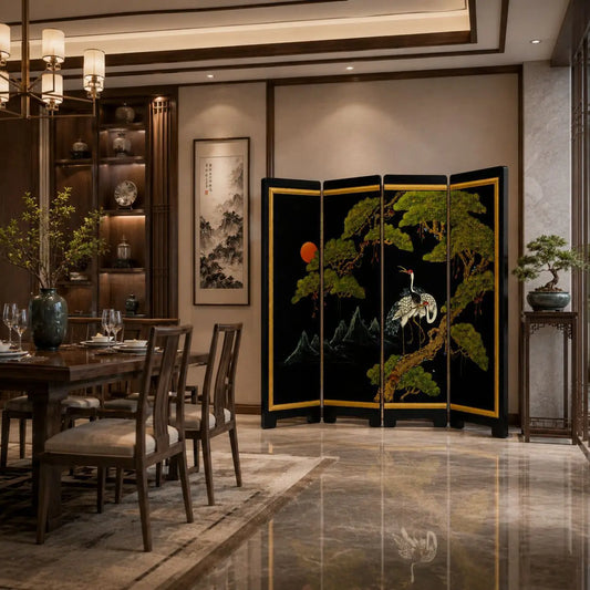 Hand-Painted Chinese Lacquer Folding Screen | Bird & Flower Room Divider
