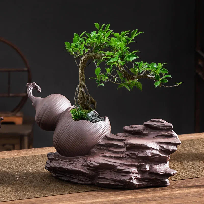 Chinese Purple Clay Gourd Bonsai Pot – Zen Bamboo Landscape Desktop Planter Basin