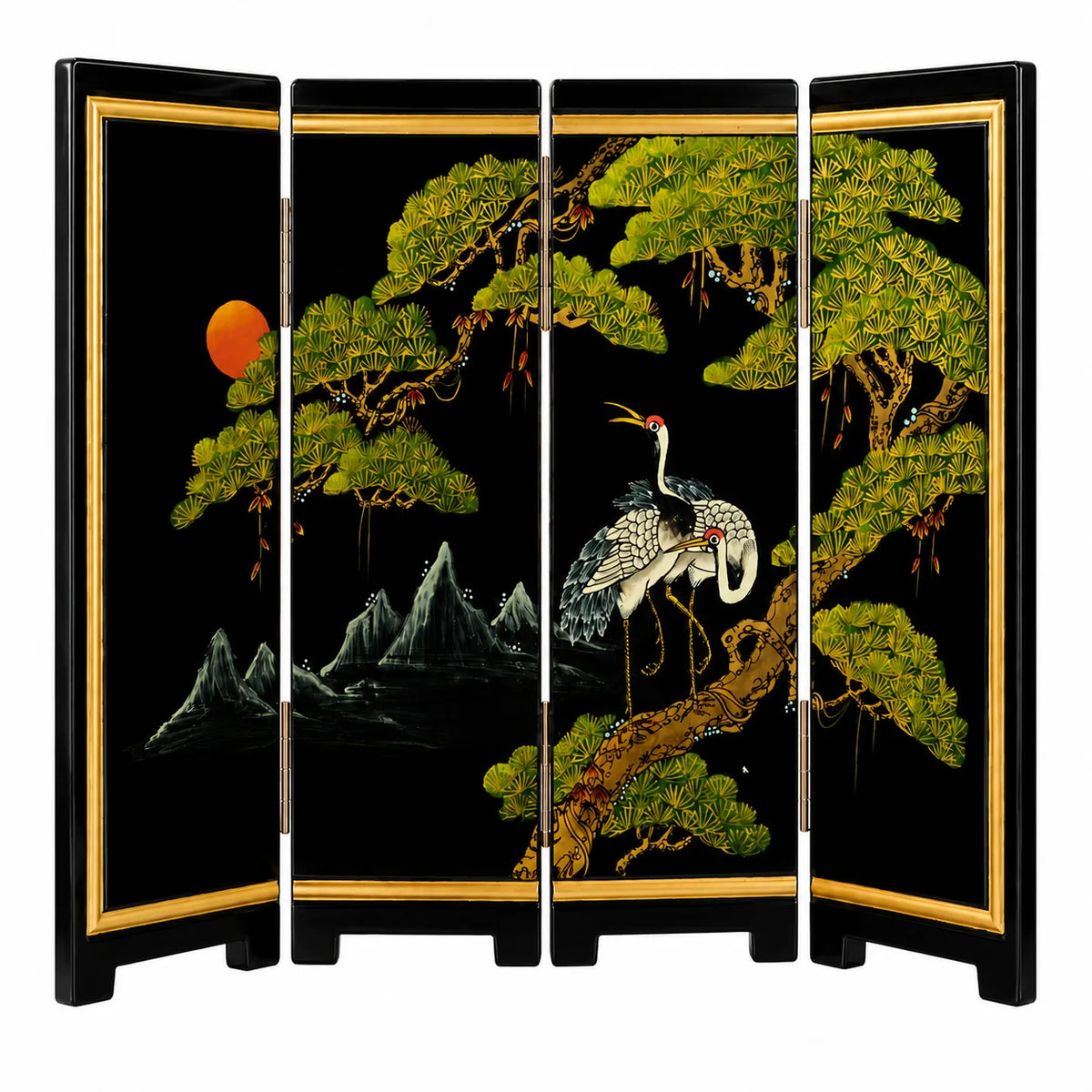 Hand-Painted Chinese Lacquer Folding Screen | Bird & Flower Room Divider